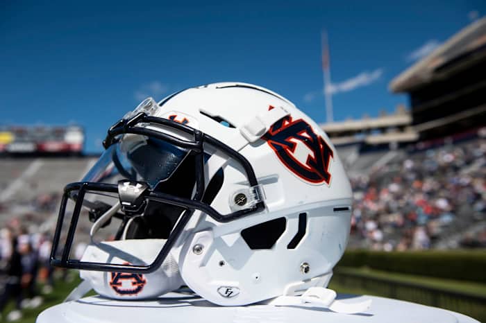 Auburn Tigers helmet on the sideline during the A-Day spring practice at Jordan-Hare Stadium in Auburn, Ala., on Saturday, April 9, 2022.